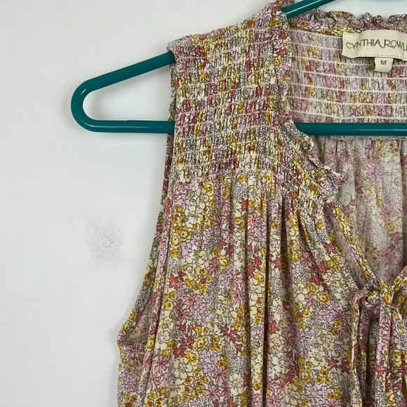 CYNTHIA ROWLEY sleeveless blouse with ruching floral pink and yellow M - Picture 3 of 10